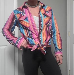 Western Pink Serape Mexican Blanket Pearl Snap Shirt